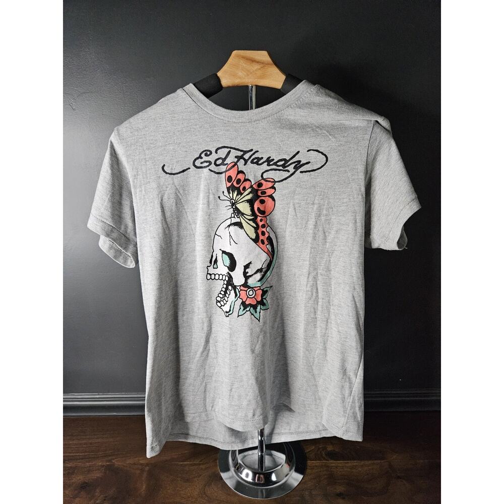 Ed Hardy Butterfly T Shirt Women’s Size Medium Short Sleeve Gray